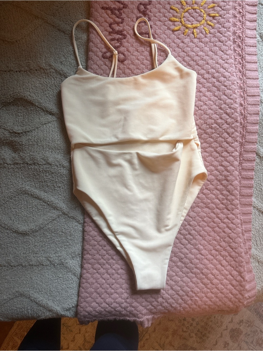 Skatie Cream Ribbed One-Piece Swimsuit